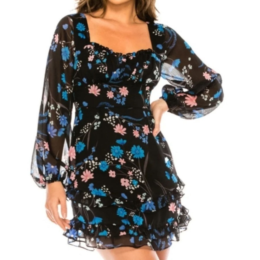 B.‎ Darlin Juniors Emma Floral Ruffle Long Sleeve Mini Dress - Black - Sz 13/14